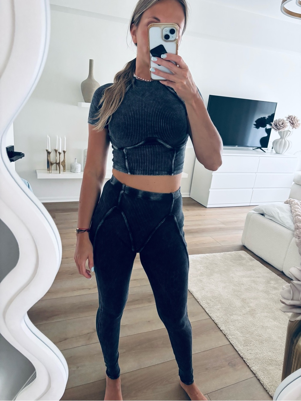 Ribbed Two-Piece Crop Top & Leggings Set - Charcoal